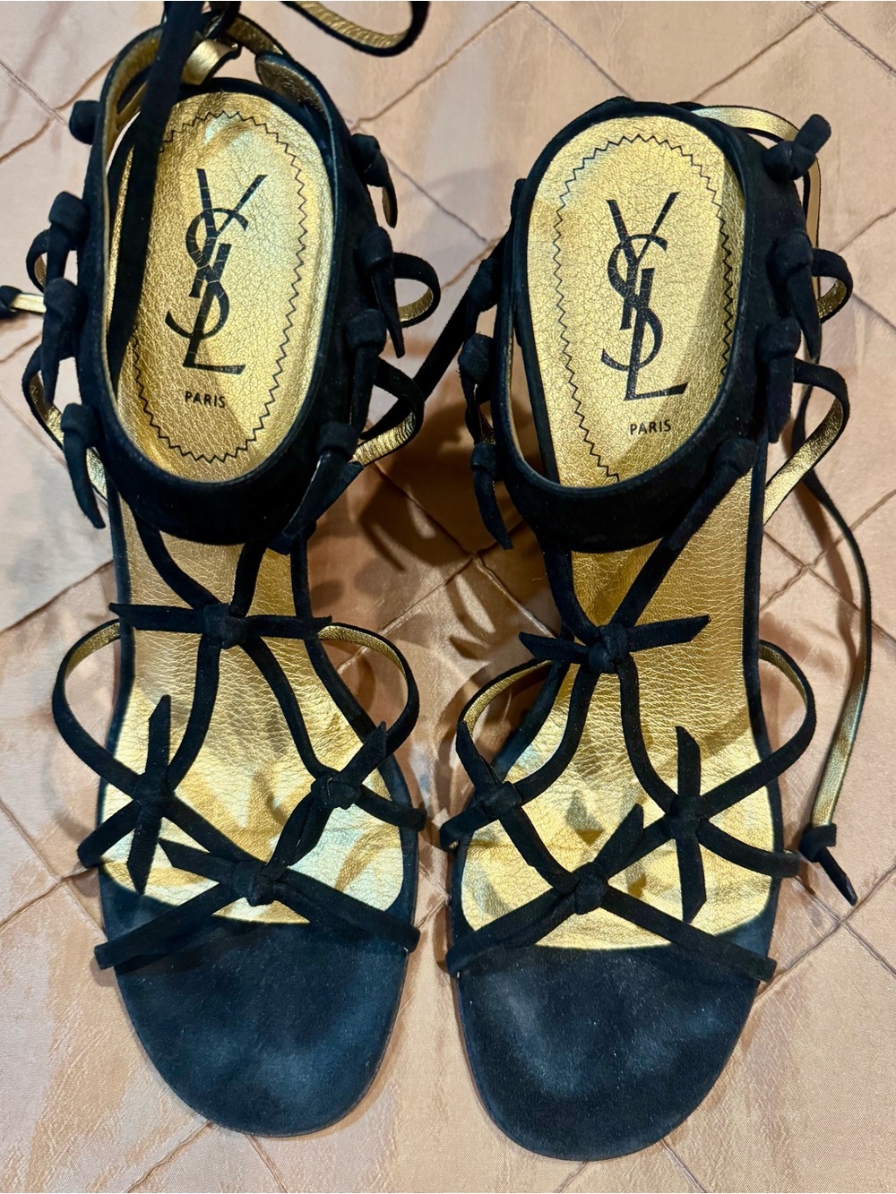 Yves Saint Laurent Black Suede Lace-Up Strappy Heels with Gold Insole, size 41.5